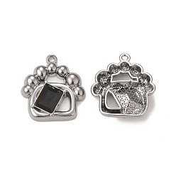 Black Rack Plating Alloy Glass Pendants, Bag Shape Charms, Gunmetal & Platinum, Black, 22x20x5mm, Hole: 1.5mm