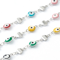 Mixed Color 304 Stainless Steel Enamel  Link Chains, Evil Eye & Heart with Word Love, Unwelded, with Spool, Stainless Steel Color, Mixed Color, Evil Eye: 11x6x3mm, Heart: 10x5x2mm, 16.4 Feet(5m)/roll