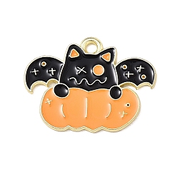 Bat Pendentifs halloween en alliage d'émail, or, chauve-souris avec des breloques citrouille, 19x23x1mm, Trou: 1.8mm