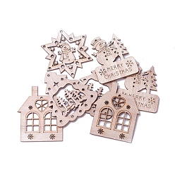 Antique White Undyed Wood Pendants, Christmas Theme, Antique White, 68~80x59~70x2~3mm, Hole: 2~2.5mm