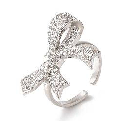 Платина Открытые манжеты из латуни с бантом и микро-паве с прозрачным цирконием для женщин, платина, бант : 19.5x26 мм, регулируемый