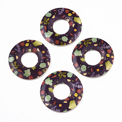 Coconut Brown Printed Wood Pendants, Donut with Plant Pattern, Coconut Brown, 45x5mm, Hole: 1.6mm
