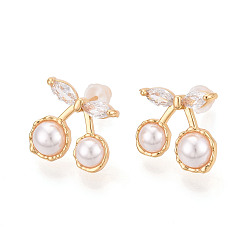 Вишня Серьги-гвоздики из циркония, с ABS имитации жемчуга, реальный 18 k позолоченный, без никеля , вишня, 14x15 мм