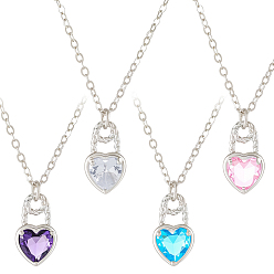 (52) Непрозрачная лаванда 4 шт. 4 латунные ожерелья с подвеской в форме сердца из кубического циркония для женщин, с железной тросовой цепью, платина, разноцветные, 18.62 дюйм (47.3 см), 1 шт / цвет