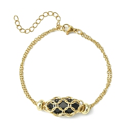 Обсидиан Браслет-пуля из натурального черного обсидиана, настоящее 18 позолоченное 304 цепочка из нержавеющей стали, браслет-мешочек в технике макраме, 6-7/8 дюйм (17.5 см)