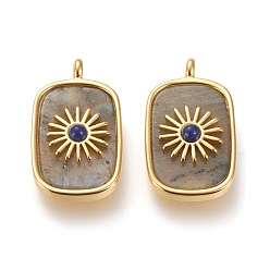 Лабрадорита Подвески из натурального лабрадорита и лазурита, с настоящими 18 к золотыми медными выводами, долговечный, прямоугольник с солнцем, 27x16.8x6 мм, отверстие : 3 мм
