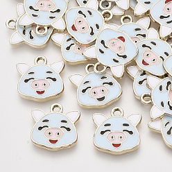 Light Sky Blue Alloy Enamel Pendants, Light Gold, Piggy Head Charms, Light Sky Blue, 15.5x15x2mm, Hole: 2mm