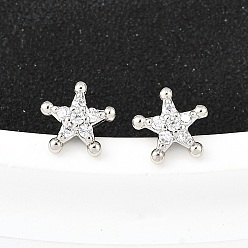 Платина Серьги-гвоздики из латунного микро-паве, звезда, платина, 8x8.5 мм