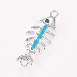 Deep Sky Blue Brass Links connectors, with Synthetic Opal and Rhinestone, Fishbone, Platinum, Deep Sky Blue, 18x7.5x1.5mm, Hole: 1.2mm