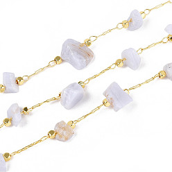 Синий Кружевый Агат Латунные кабельные цепи, с натуральным синим кружевным агатом, пайки, с катушкой, долговечный, золотые, 1~8x3~17x1~8 мм, около 32.81 футов (10 м) / рулон