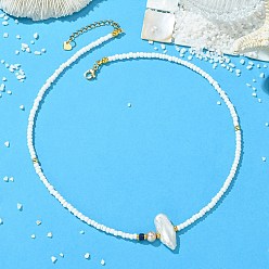 Golden Natural Baroque Keshi Pearl Oval Glass Seed Beaded Necklaces for Women, Golden, White, Golden, 17.05 inch(43.3cm)