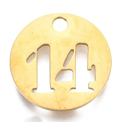 Number 304 подвески из нержавеющей стали, отрезать, полый, плоские круглые с номером, золотые, кол. 14, 19x1.5 мм, отверстие : 2.5 мм