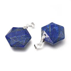 Lapis Lazuli Faceted Natural Lapis Lazuli Pendants, with Platinum Tone Brass Findings, Hexagon, 28x25x9mm, Hole: 4x5mm