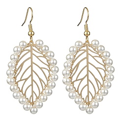 Golden Shell Pearl Dangle Earrings, Brass Hollow Leaf Drop Earrings, Golden, 54x27mm