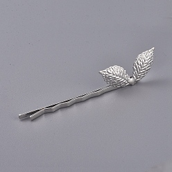 Platinum Iron Hair Bobby Pins, with Brass Findings, Leaf, Platinum, 64x4mm, Leaf: 27x12mm