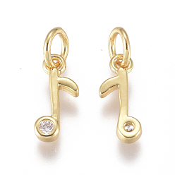 Золотой Латунь прелести, с микропаве из кубического циркония и прыжковыми кольцами, музыкальная нота, прозрачные, золотые, 9x4x1.5 мм, отверстие: 2 мм