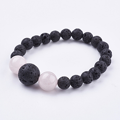 Розовый Кварц Естественно розовый кварц стрейч браслеты, с бусинами из натуральной лавы, круглые, 2 дюйм (52 мм)