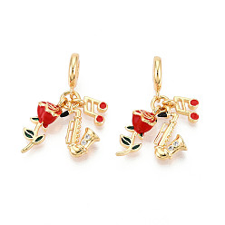 Настоящее золото 18K Латунь микропаве прозрачный кубический цирконий европейские подвески с подвесками, с эмалью, цветок и музыкальная нота и музыкальные инструменты, Подвески с большими отверстиями, без кадмия и без свинца, реальный 18 k позолоченный, 33~34 мм, отверстие : 4.5 мм