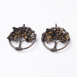 Тигровый глаз Природных тигровый глаз подвески, с латунной фурнитурой , Красная медь, плоские круглые с дерева жизни, 29x5~7 мм, отверстие : 4.5 мм