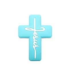 Голубой Крест с надписью Иисус, пищевые силиконовые бусины, голубой, 30x22.2 мм