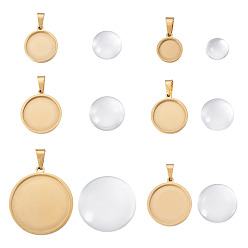 Flat Round 6Pcs 6 Styles 304 Stainless Steel Pendant Cabochon Settings, with 6Pcs 6 Styles Transparent Clear Glass Square Cabochons, Golden, Flat Round, Tray: 10mm, 1mm