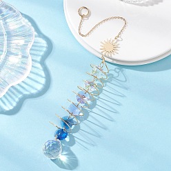 Синий Стеклянные круглые и восьмиугольные бусины подвесные ловцы солнца, звенья из латуни и нержавеющей стали для наружного и садового декора, солнце, синие, 275 мм