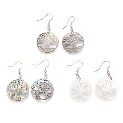 Platinum Mixed Color Shell Dangle Earrings, with Brass Findings, Flat Round with Tree, Platinum, 47mm, Pin: 0.6mm, Pendant: 25x2~2.5mm