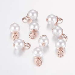 White Plastic Pearl Charms, with Iron Findings, Round, Rose Gold, White, 13.5x8mm, Hole: 2mm