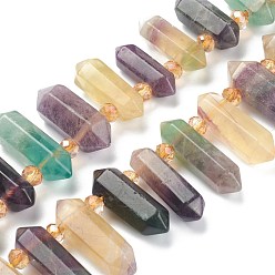Fluorite Natural Fluorite Beads Strands, Faceted, with Seed Beads, Bullet, 18.5~32.5x7~10.5x7~10mm, Hole: 2mm, about 25pcs/strand, 14.76''(37.5cm)