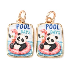 Golden Printed Brass Pendants, Rectangle with Panda Charms, Colorful, Golden, 20x12.5x2mm, Hole: 4mm