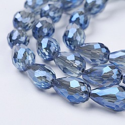Steel Blue Electroplate Glass Beads Strands, AB Color Plated, Faceted Teardrop, Steel Blue, 15x10mm, Hole: 1mm, 50pcs/strand, 27.1 inch