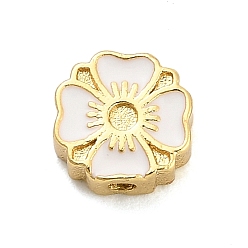 Белый Оправы для цветочных бусин из латуни с эмалью и стразами, долговечный, стойки покрытие, без свинца и без кадмия, ионное покрытие (ip), реальный 18 k позолоченный, белые, пригодный для стразов 1.5 мм, 7.5x7.5x3.5 мм, отверстие : 1.2 мм