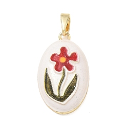 Golden Brass Enamel Pendants, Oval with Flower Charms, Golden, 22.5x13x5mm, Hole: 2x5mm