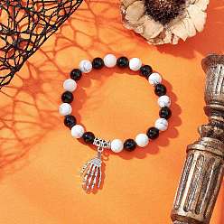 Платинированный Латунный брелок-скелет на руку на Хэллоуин, натуральный хаулит и черный оникс (окрашенный и нагретый), круглые эластичные браслеты из бусин, Реальная платина, внутренний диаметр: 2-1/4 дюйм (5.6 см)