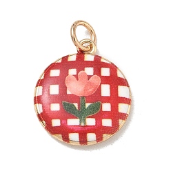 Flamingo Printed Brass Pendants, Round with Tartan & Tulip Charms, Golden, Flamingo, 20.5x18x3.5mm, Hole: 4mm