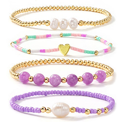 Золотой 4шт. 4 Браслеты из латуни, стекла, натурального пресноводного жемчуга и аметиста, эластичные, для женщин, с синтетическим немагнитным гематитом, золотые, 6.50 дюйм(16.5см)~~6.89 дюйм(17.5см)