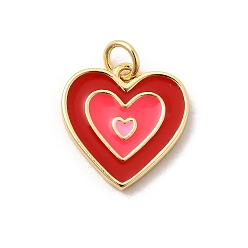 Красный Латунь эмаль подвески, сердце прелести, реальный 18 k позолоченный, долговечный, стойки покрытие, без свинца и без кадмия, красные, 15x15x2 мм, отверстие : 3 мм, Перейти кольцо: 5x1 мм