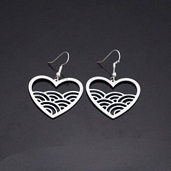 Stainless Steel Color 304 Stainless Steel Dangle Earrings, Heart, Stainless Steel Color, 45x31.6mm