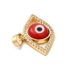 Red Rack Plating Brass Micro Pave Clear Cubic Zirconia Pendants, with Handmade Evil Eye Lampwork, Cadmium Free & Lead Free, Long-Lasting Real 18K Gold Plated, Eye Charm, Red, 15.5x23x4mm, Hole: 6x3mm