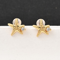 Морская звезда Серьги-гвоздики из латунного микро-паве, с 316 хирургическими штифтами из нержавеющей стали, без никеля , реальный 18 k позолоченный, морская звезда, 9x9.5 мм