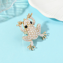 White Alloy Rhinestone Finger Rings, Frog, with Imitation Pearl, Golden, White, 18mm