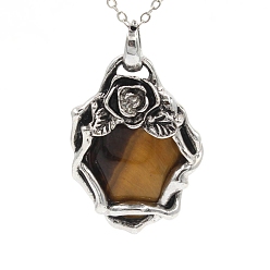 Тигровый глаз Подвески из натурального аметиста в стиле ретро, с латунной фурнитурой античного бронзового тона, овальные с цветком, 40x30x10 мм