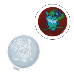 White Flat Round with Owl & Flower DIY Cup Mat Silicone Molds, Resin Casting Molds, for UV Resin, Epoxy Resin Craft Making, White, 114x105x9mm, Inner Diameter: 99mm