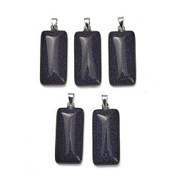 Goldstone Bleu Pendentifs Goldstone bleu synthétiques, charme rectangle, avec 304 mousqueton en acier inoxydable sur les balles, couleur inox, 44~45x19~20x8~9mm, Trou: 7.5x4mm