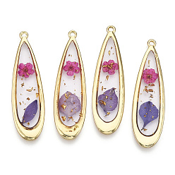 Pale Violet Red Alloy Epoxy Resin Pendants, with Handmade Dried Flower Inside, Teardrop Charms, Pale Violet Red, 48x13.5x3mm, Hole: 1.6mm