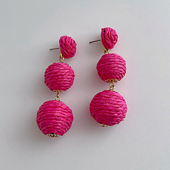 Темно-Розовый Круглые серьги-гвоздики из сплава рафии с бусинами, темно-розовыми, 50 мм
