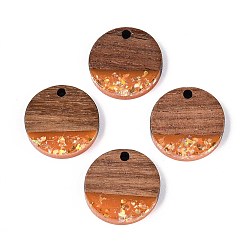 Темно-Оранжевый Подвески из непрозрачной смолы и орехового дерева, плоские круглые прелести, с блестящей пудрой и золотой фольгой, темно-оранжевый, 19x3~3.5 мм, отверстие : 2 мм