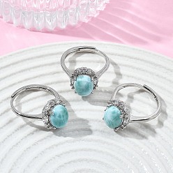 Platinum Brass Micro Pave Cubic Zirconia Cuff Open Rings, Oval, with Natural Larimar, Platinum, US Size 8(18.1mm)