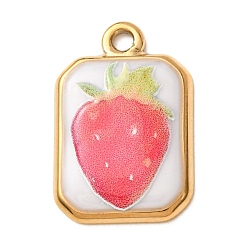 Golden Printed 304 Stainless Steel Pendants, with Enamel, Rectangle with Strawberry Pattern Charms, Golden, 22.5x15x2.5mm, Hole: 2mm