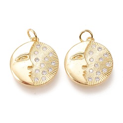 Золотой Латунные микропаве прозрачные подвески с фианитом, с прыжковых колец, долговечный, плоские круглые с луной, золотые, 20x17.5x2.5 мм, отверстие : 3.5 мм